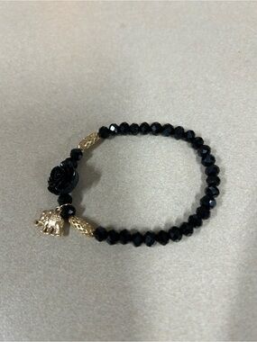Black Beaded Rose Stretch Bracelet with Gold Charms